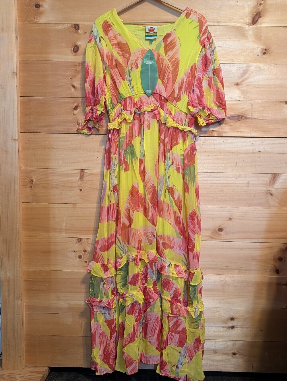 FARM Rio Yellow Pink Leaf-Print Tiered Maxi Dress with Green Keyhole Accent